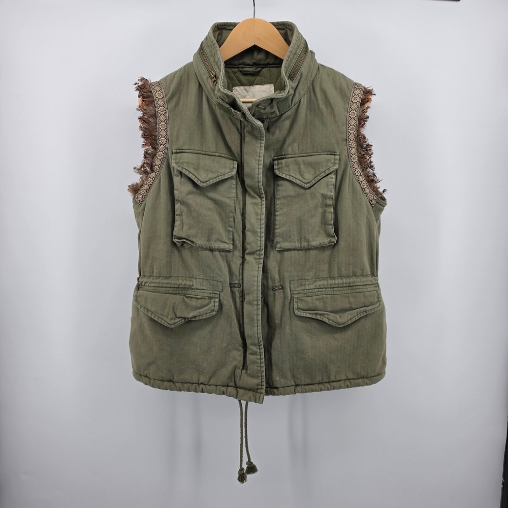Denim & Supply Ralph Lauren Womens Utility Vest Green Aztec Feather Trim Large
